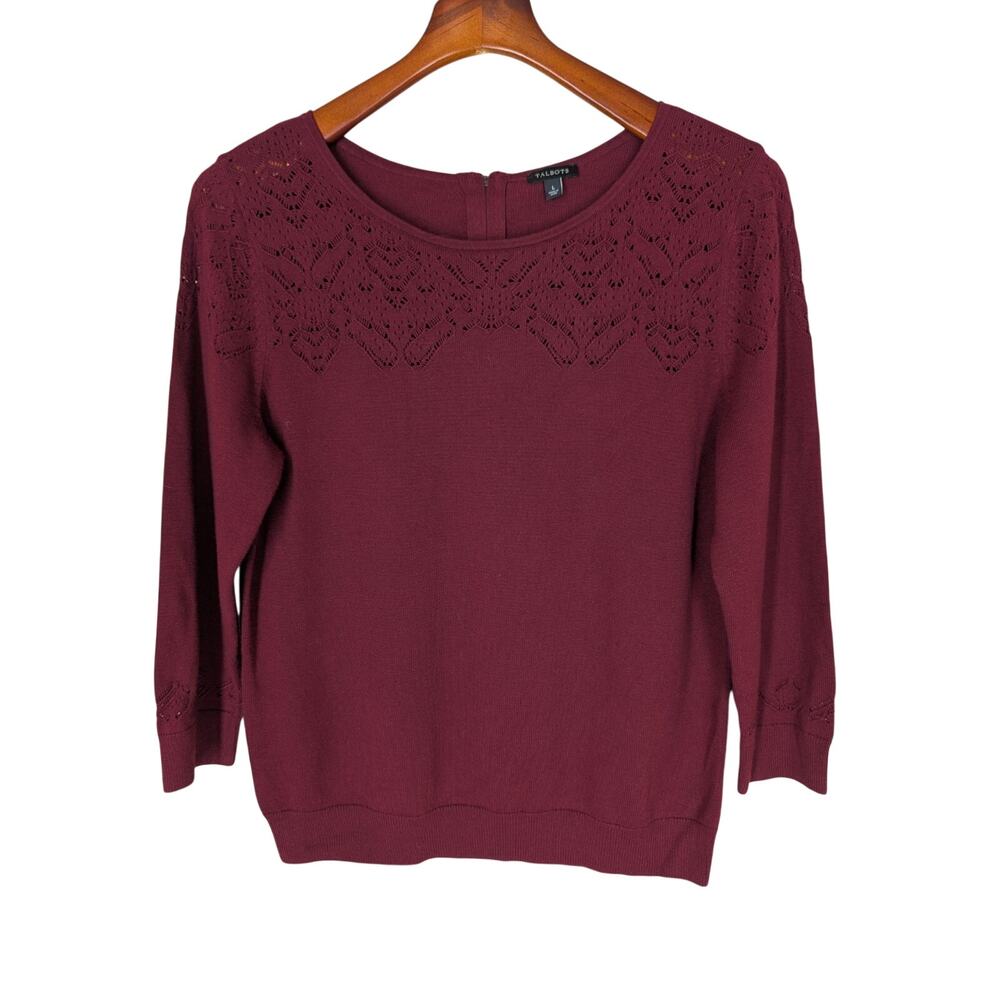 Talbots Women's Large Sweater Red Long Sleeve Open Knit Cotton Blend Zip Back